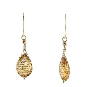 18K SOLID GOLD Citrine Mesh Drop Earrings UNIQUE ONE OF A KIND 2.9 grams total